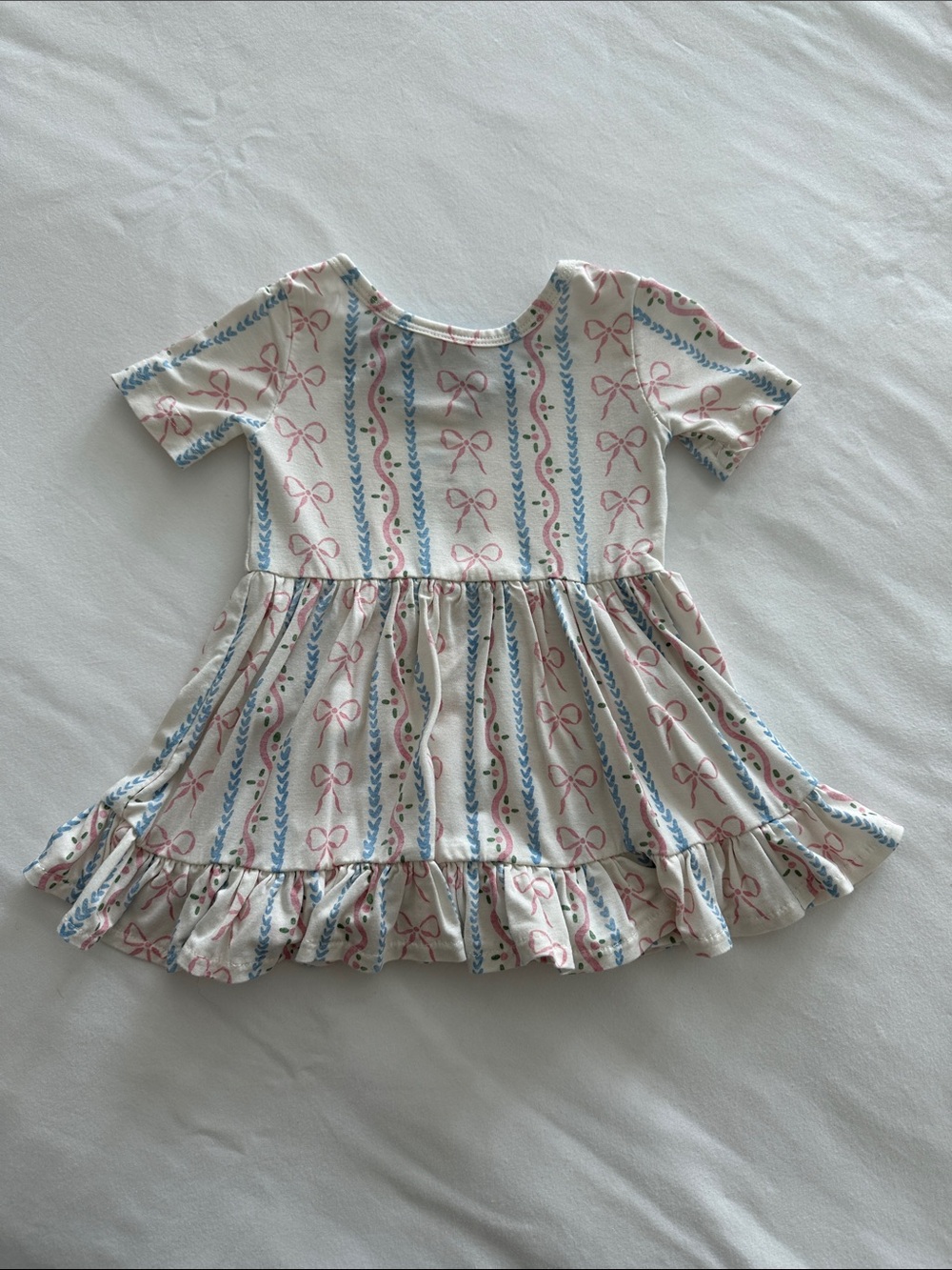 Cream Baby Bamboo Dress with Pink Bows & Blue Stripes - Casual Ruffle Hem
